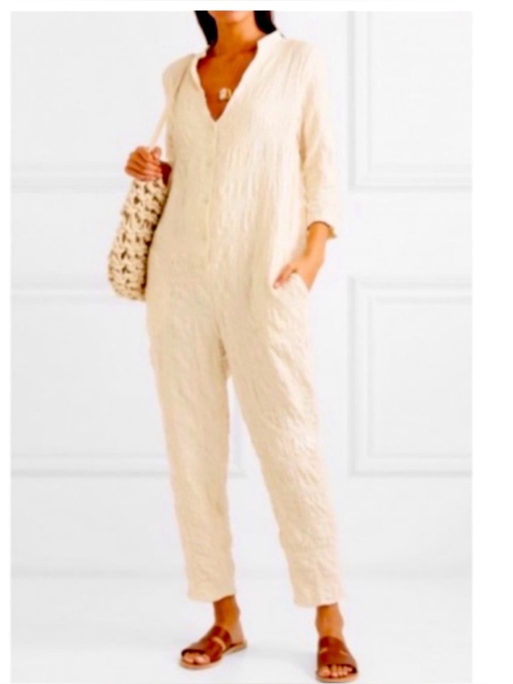 Hatch Cream Textured V-Neck Maternity Jumpsuit